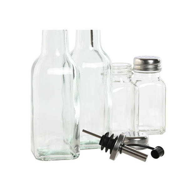 Items Azijn/Olie flessen tafelset - met peper/zout vaatjes - glas/metaal - transparant - Olie- en azijnstellen