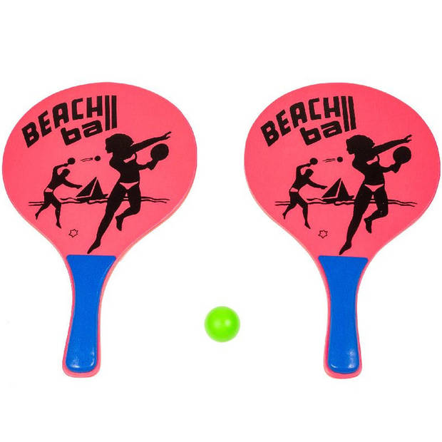 Summertime strand Beachball set - hout - fuchsia - strand sport speelset - met 5x balletjes - Beachballsets