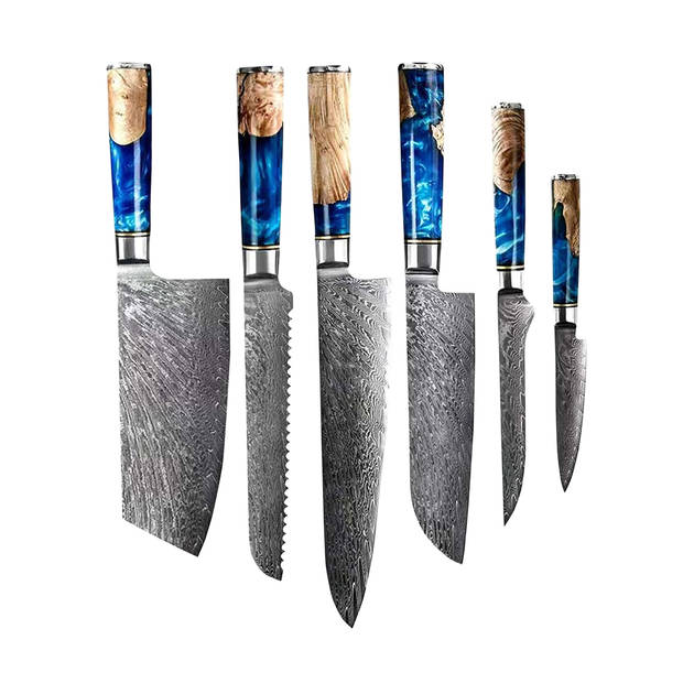 Shinrai Japan - Epoxy Sapphire 6-delige Damascus Messenset