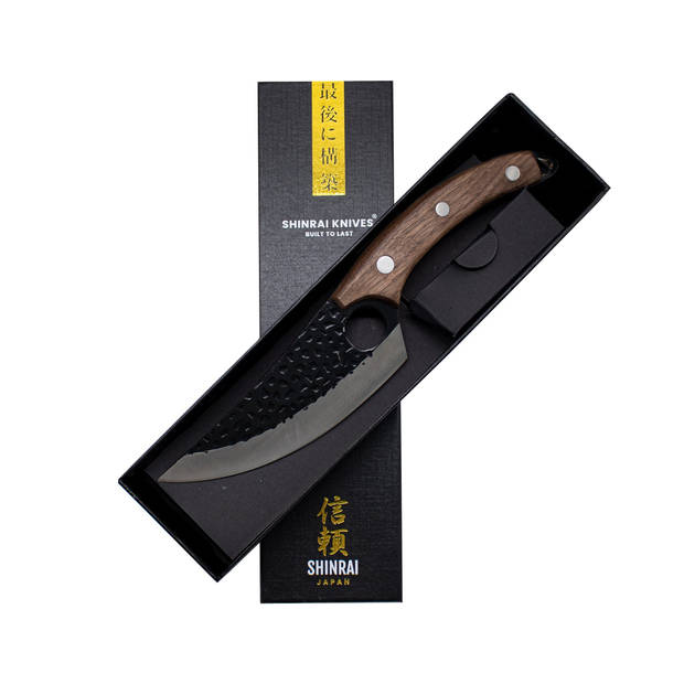 Shinrai Japan - Japans Koksmes 15 cm - Universeel bruin mes met leren hoes - Hammered RVS - Met Luxe Geschenkdoos