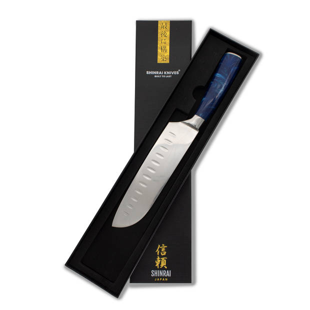 Shinrai Japan - Damascus Print Epoxy Sapphire Santoku mes 18 cm