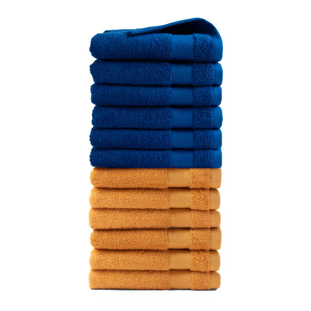 DoubleDry Handdoek Hotel Collectie - 12 stuks - 50x100 - 6x oker geel & 6x klassiek blauw