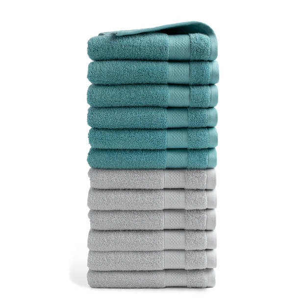 DoubleDry Handdoek Hotel Collectie - 12 stuks - 50x100 - 6x denim blauw & 6x licht grijs