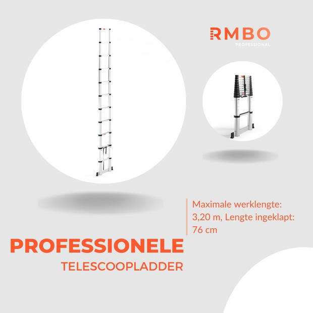 RMBO Telescopische Ladder - Telescoopladder - 3.20m lang, Compact en Draagbaar met Soft Closing Systeem, Geschikt voor P