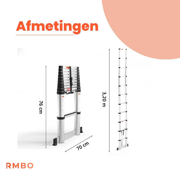 RMBO Telescopische Ladder - Telescoopladder - 3.20m lang, Compact en Draagbaar met Soft Closing Systeem, Geschikt voor P