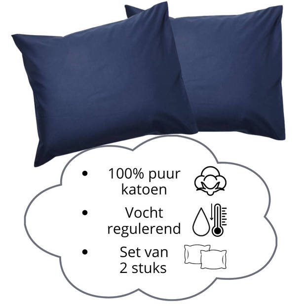 Droomtextiel Kussenslopen 60x70 cm Navy Blauw Set Van 2 Stuks - Hotelkwaliteit - 100% Hoogwaardige Katoen