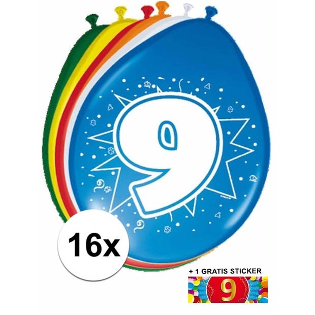 Feest ballonnen met 9 jaar print 16x + sticker - Ballonnen