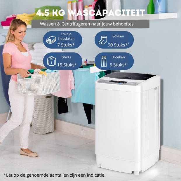 Costway Volautomatische Mini Wasmachine met Pomp, Display en centrifuge 4,5 kg - Grijs 50 × 50 × 85 cm