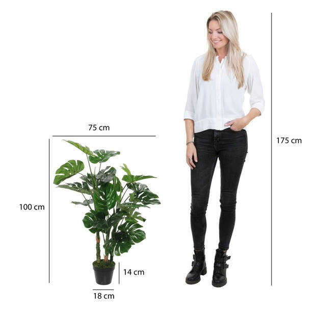 Groene Monstera/gatenplant kunstplanten 100 cm met zwarte pot - Kunstplanten