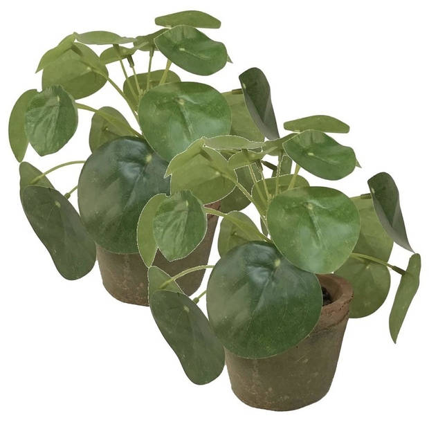 2x Groene kunstplanten pilea plant in pot 13 cm - Kunstplanten