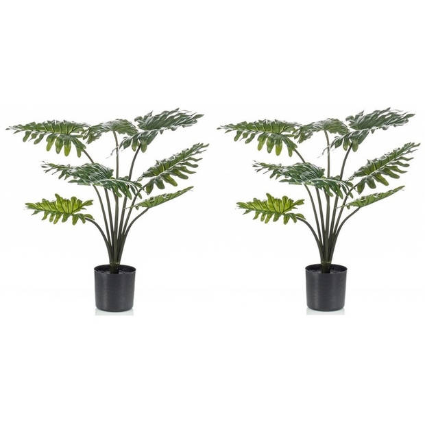 2 stuks groene Philodendron kunstplanten 60 cm met zwarte pot - Kunstplanten