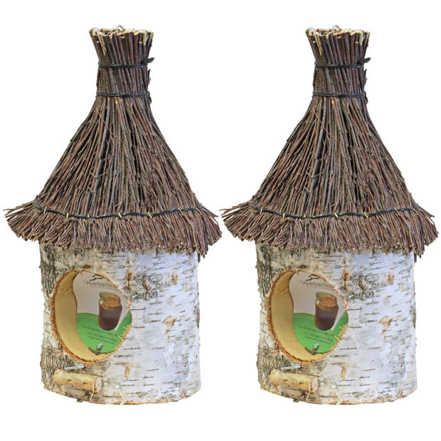 2x stuks vogelhuisje/voederhuisje/pindakaashuisje berkenhout met rieten/tenen dak 36 cm - Vogelhuisjes