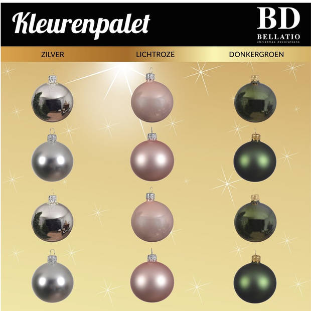 Zilvere/donkergroene/lichtroze kerstballen pakket 91-delig voor 150 cm boom - Kerstbal