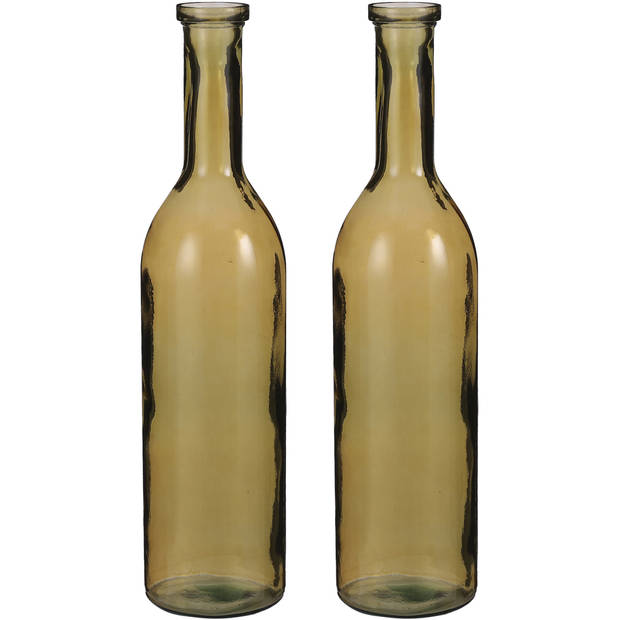 Set van 2x stuks flesvaas bloemenvaas/bloemenvazen 18 x 75 cm transparant okergeel glas - Vazen
