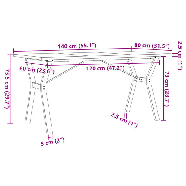 vidaXL Eettafel Y-frame 140x80x75,5 cm massief grenenhout en gietijzer