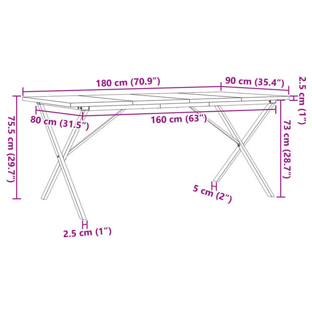 vidaXL Eettafel X-frame 180x90x75,5 cm massief grenenhout en gietijzer