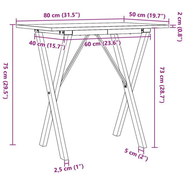 vidaXL Eettafel X-frame 80x50x75 cm massief grenenhout en gietijzer