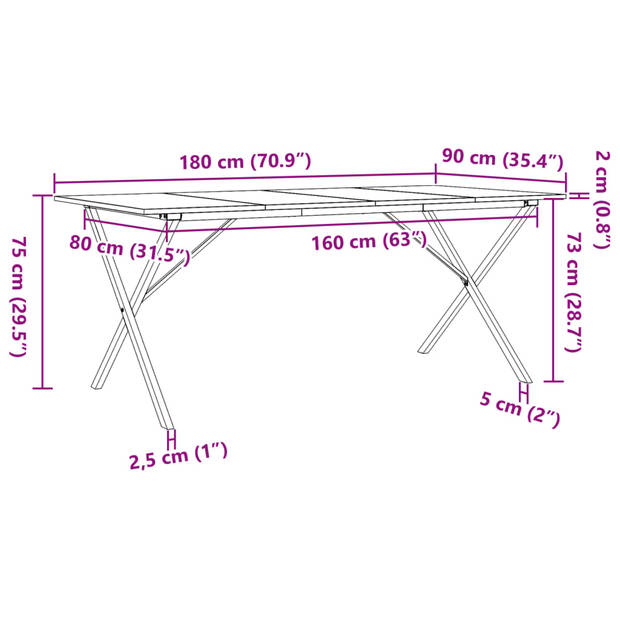 vidaXL Eettafel X-frame 180x90x75 cm massief grenenhout en gietijzer