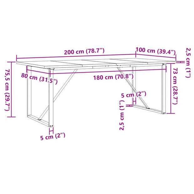 vidaXL Eettafel O-frame 200x100x75,5 cm grenenhout en gietijzer