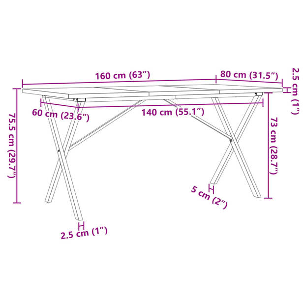 vidaXL Eettafel X-frame 160x80x75,5 cm massief grenenhout en gietijzer