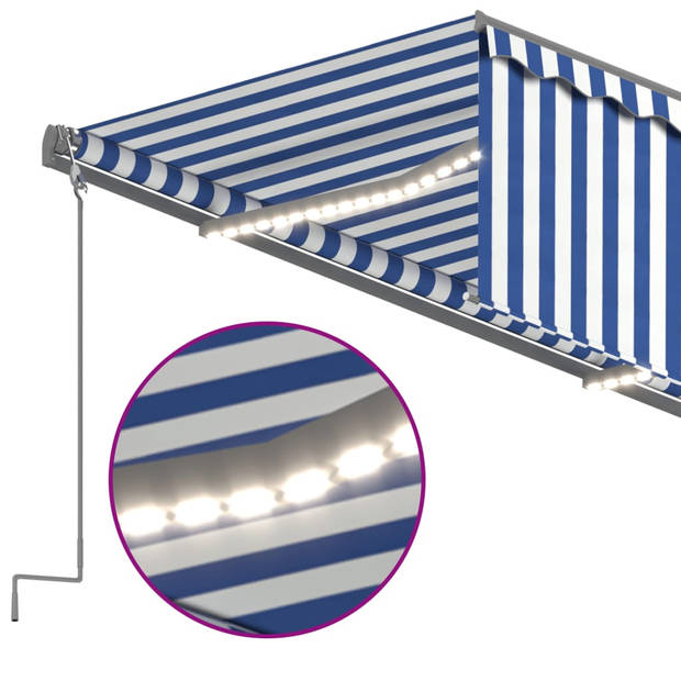 vidaXL Luifel met rolgordijn, LED en windsensor 3,5x2,5 m blauw en wit