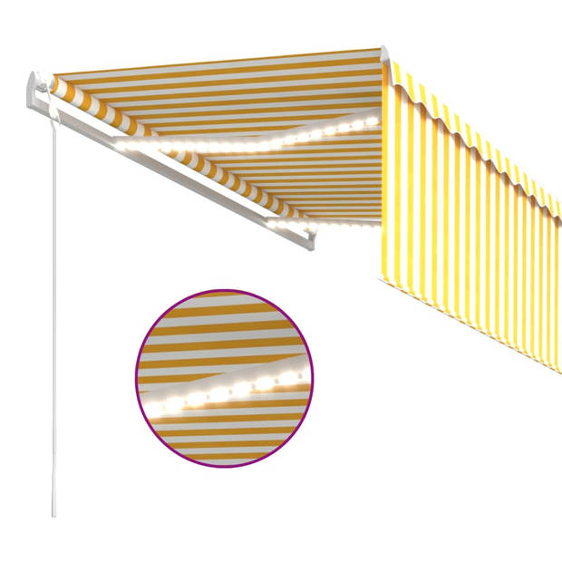 vidaXL Luifel met rolgordijn, LED en windsensor 3,5x2,5 m geel en wit