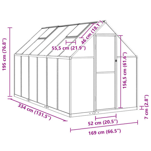 vidaXL Tuinkas met basisframe 334x169x195 cm aluminium zilverkleurig