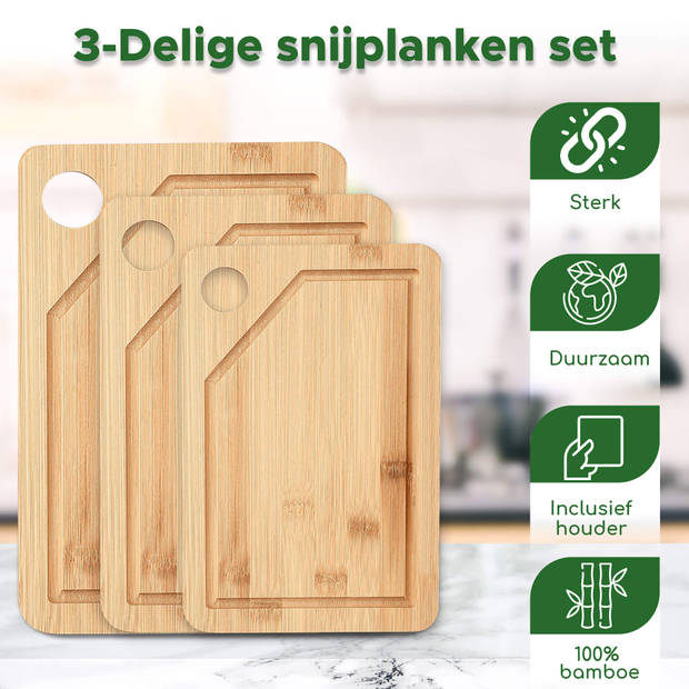 Bikolo® - Snijplankenset Met Houder - Snijplanken - Snijplank Hout - Snijplank Bamboe - Keukenplank - 3-Delig