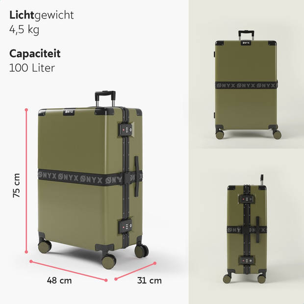 ONYX Check-in koffer 100L - TSA slot - Spinner wielen - Lichtgewicht Trolley - Aluminium sluiting - Olive groen