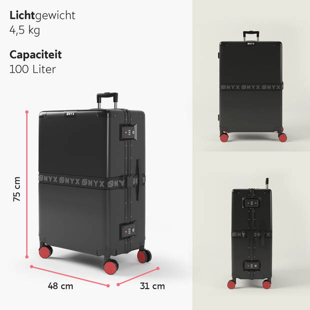 ONYX Check-in koffer 100L - TSA slot - Spinner wielen - Lichtgewicht Trolley - Aluminium sluiting - Zwart