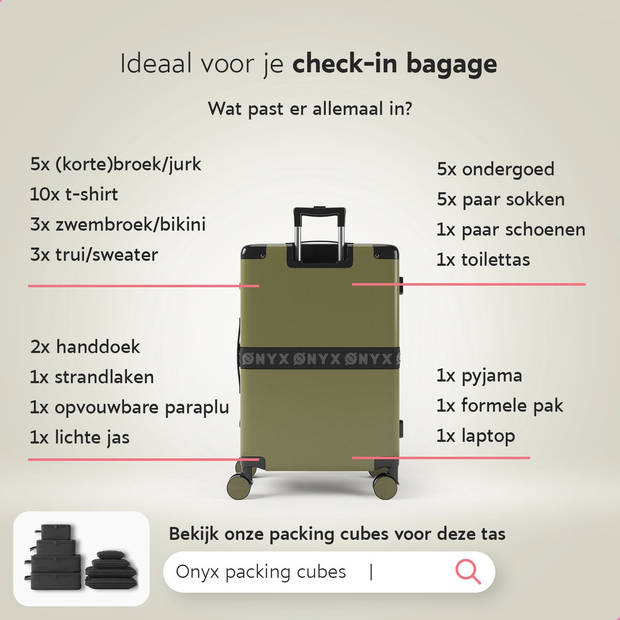 ONYX Check-in Koffer 65L - TSA slot - Spinner wielen - Lichtgewicht Trolley - Aluminium sluiting - Olive groen