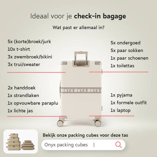 ONYX Check-in Koffer 65L - TSA slot - Spinner wielen - Lichtgewicht Trolley - Aluminium sluiting - Sand wit