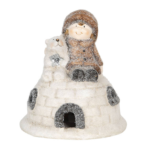 Clayre & Eef Beeld Iglo 14x14x16 cm Wit Bruin Terracotta Kerstdecoratie Wit Kerstdecoratie