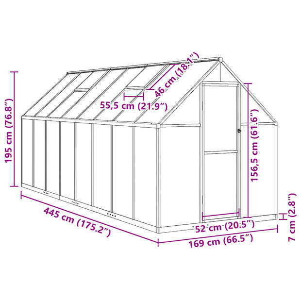 vidaXL Tuinkas met basisframe 445x169x195 cm aluminium zilverkleurig