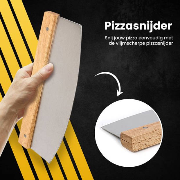 PROKING Pizzaschep en Pizzasnijder – Pizzaspatel – Pizzames – Wiegemes Pizza – Pizza Snijder – Met Houten Handvat – RVS