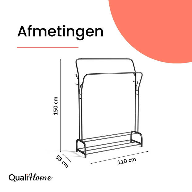 Qualihome Kledingrek - Garderoberek - Kledingrek met Schoenenrek - Kledingrek Metaal - Zwart 33x110x150 cm (LxBxH)