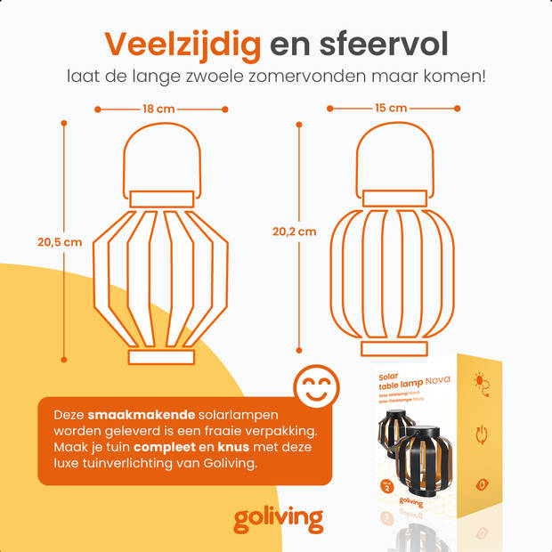 Goliving Solar Tafellamp Nova – 2 Stuks – Buiten Lantaarn – Tuinverlichting op Zonne-energie – LED Buitenverlichting