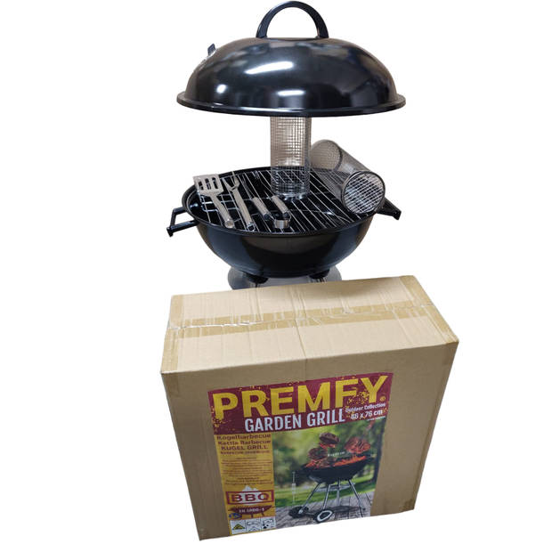 Premfy Luxe Houtskoolbarbecue - Kogelbarbecue 46x76cm - Grilloppervlak 45cm - SET met BBQ Hoes, Grillrollen en Tangenset