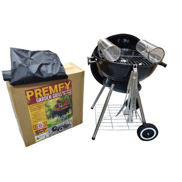 Premfy Luxe Houtskoolbarbecue - Kogelbarbecue 46x76cm - Grilloppervlak 45cm - SET met BBQ Hoes, Grillrollen en Tangenset