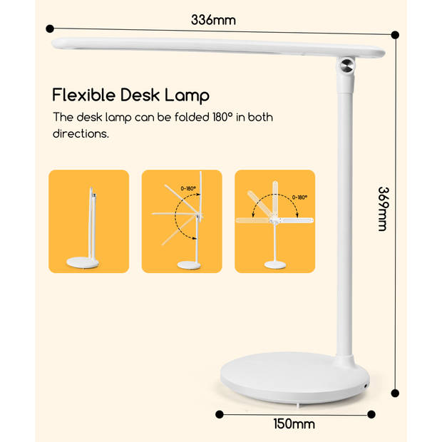 Aigostar Bureaulamp LED - Dimbaar - 5 helderheidsmodi - 3 kleurmodi - Tafellamp - Touch Control - Leeslamp - 4W - Wit