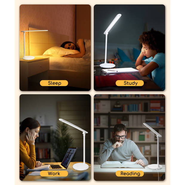 Aigostar Bureaulamp LED - Dimbaar - 5 helderheidsmodi - 3 kleurmodi - Tafellamp - Touch Control - Leeslamp - 4W - Wit