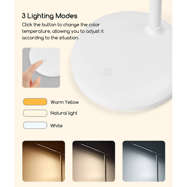 Aigostar Bureaulamp LED - Dimbaar - 5 helderheidsmodi - 3 kleurmodi - Tafellamp - Touch Control - Leeslamp - 4W - Wit