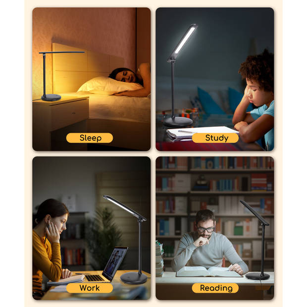 Aigostar Bureaulamp LED - 5 Helderheid - Touch Control - Dimbaar - Bedlamp - Verstelbare Leeslamp - Warm Licht - Zwart