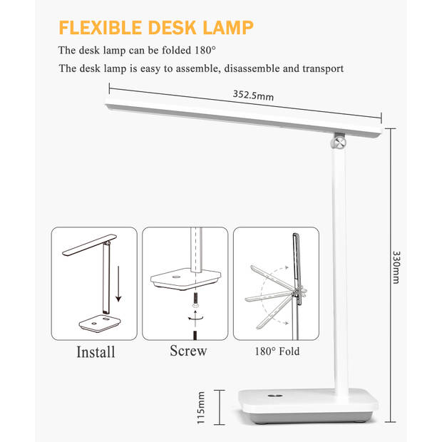 Aigostar 10O90 - Bureaulamp led dimbaar - Tafellamp - Verstelbaar - 3 lichtkleuren - Leeslampje voor Boek - 5W - Wit