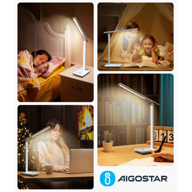 Aigostar 10O90 - Bureaulamp led dimbaar - Tafellamp - Verstelbaar - 3 lichtkleuren - Leeslampje voor Boek - 5W - Wit