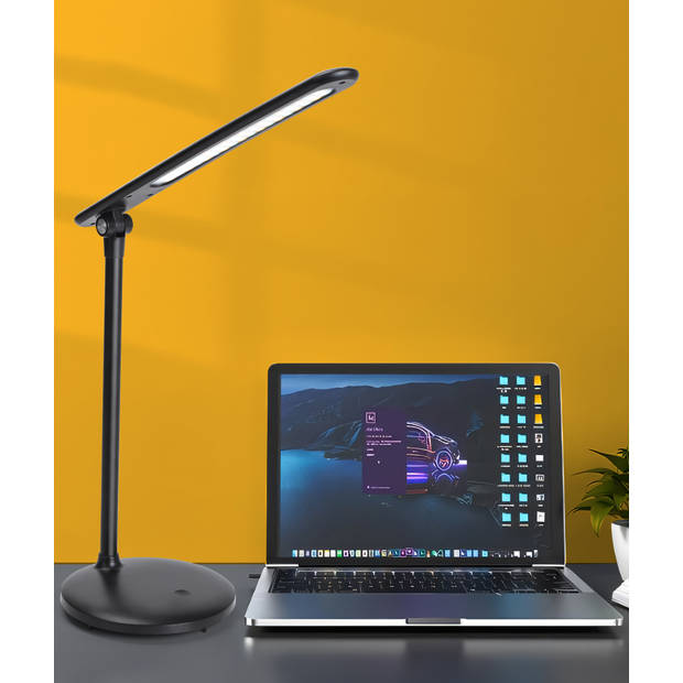 Aigostar Bureaulamp LED - Verstelbaar - Dimbaar - 3 kleuren - USB Opladen - Wit en warm Licht - Tafellamp - 4W- Zwart