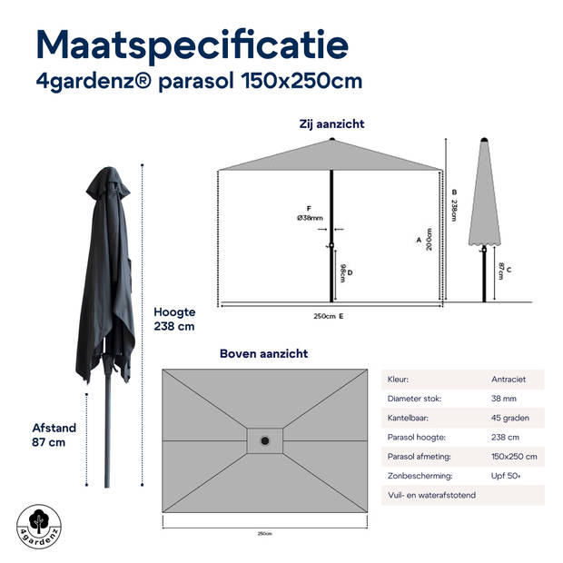 4gardenz® Parasol Rechthoek 150X250cm Kantelbaar Balkonparasol Grijs