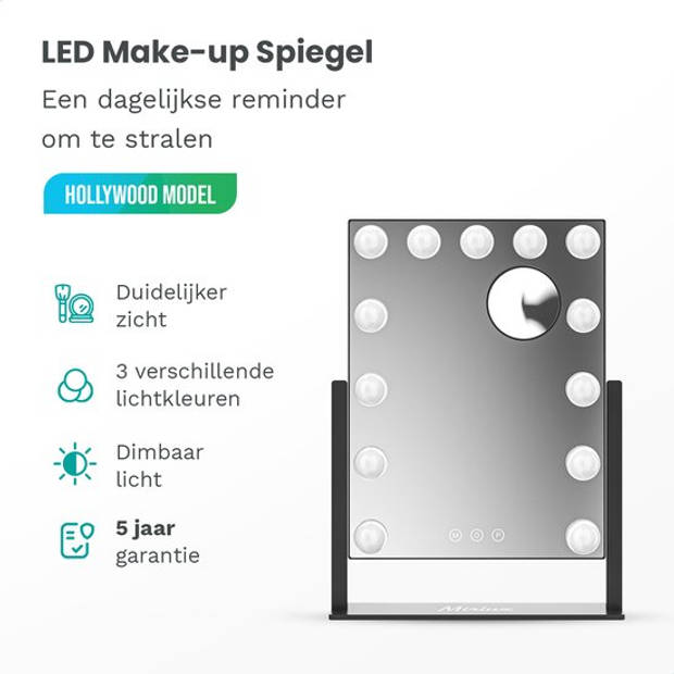 Mirlux Make Up Hollywood Spiegel met Verlichting - Visagie - Dimbaar LED Lampen Licht - 13 Lampen - Zwart