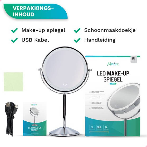 Mirlux Make Up Spiegel met LED Verlichting - 10x Vergroting – 3 Lichtstanden - Oplaadbaar - Chroom