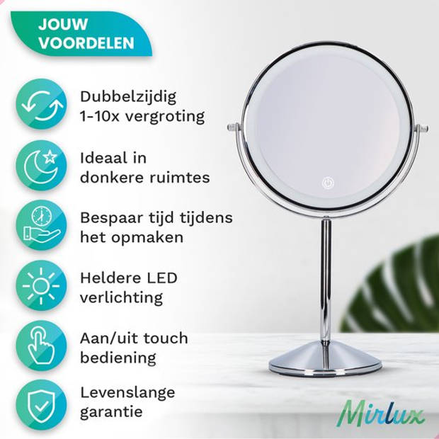 Mirlux Make Up Spiegel met LED Verlichting - 10x Vergroting – 3 Lichtstanden - Oplaadbaar - Chroom